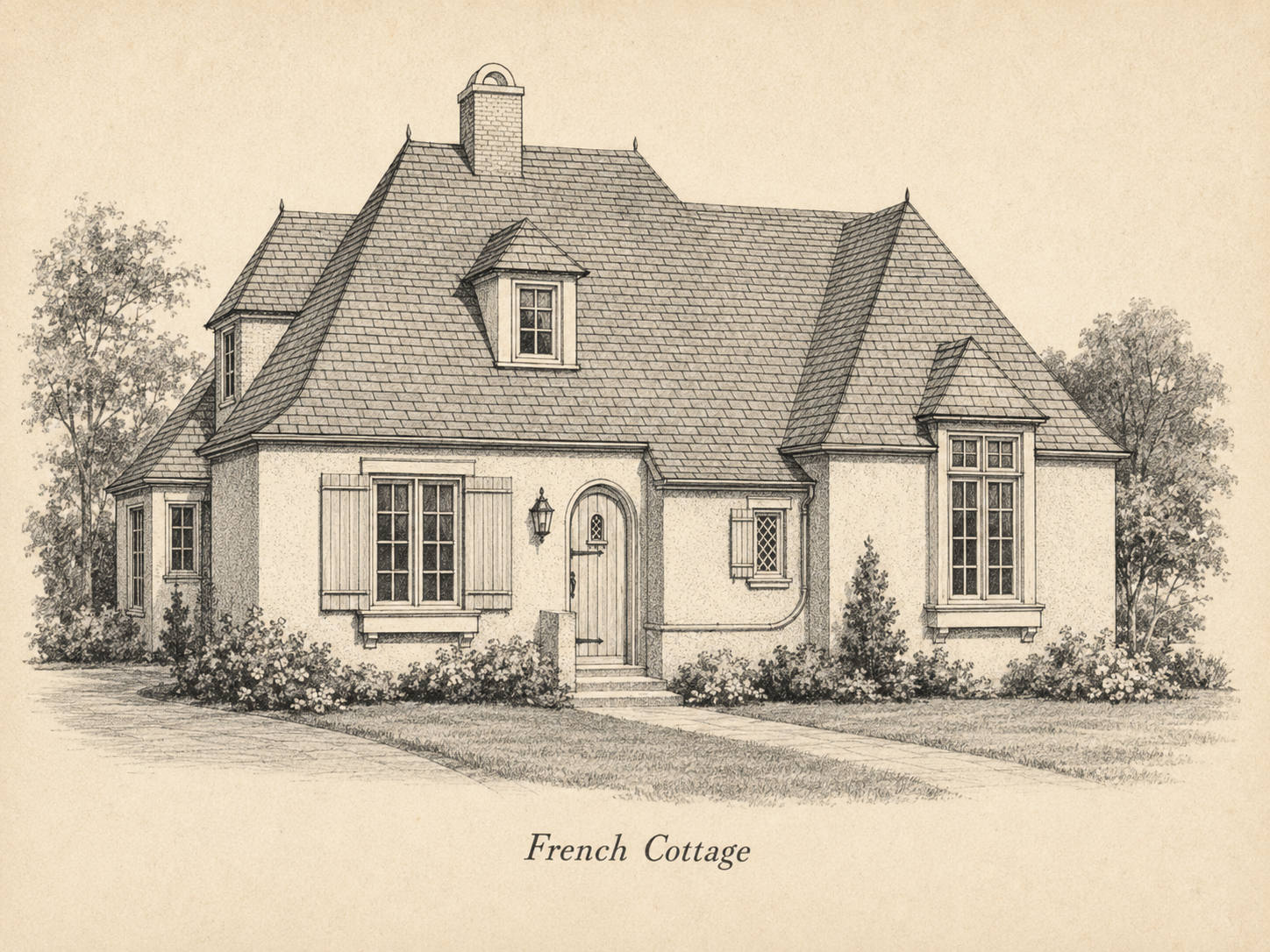 Concept illustration of the French Cottage, with steep rooflines, dormer windows, and an arched entry.